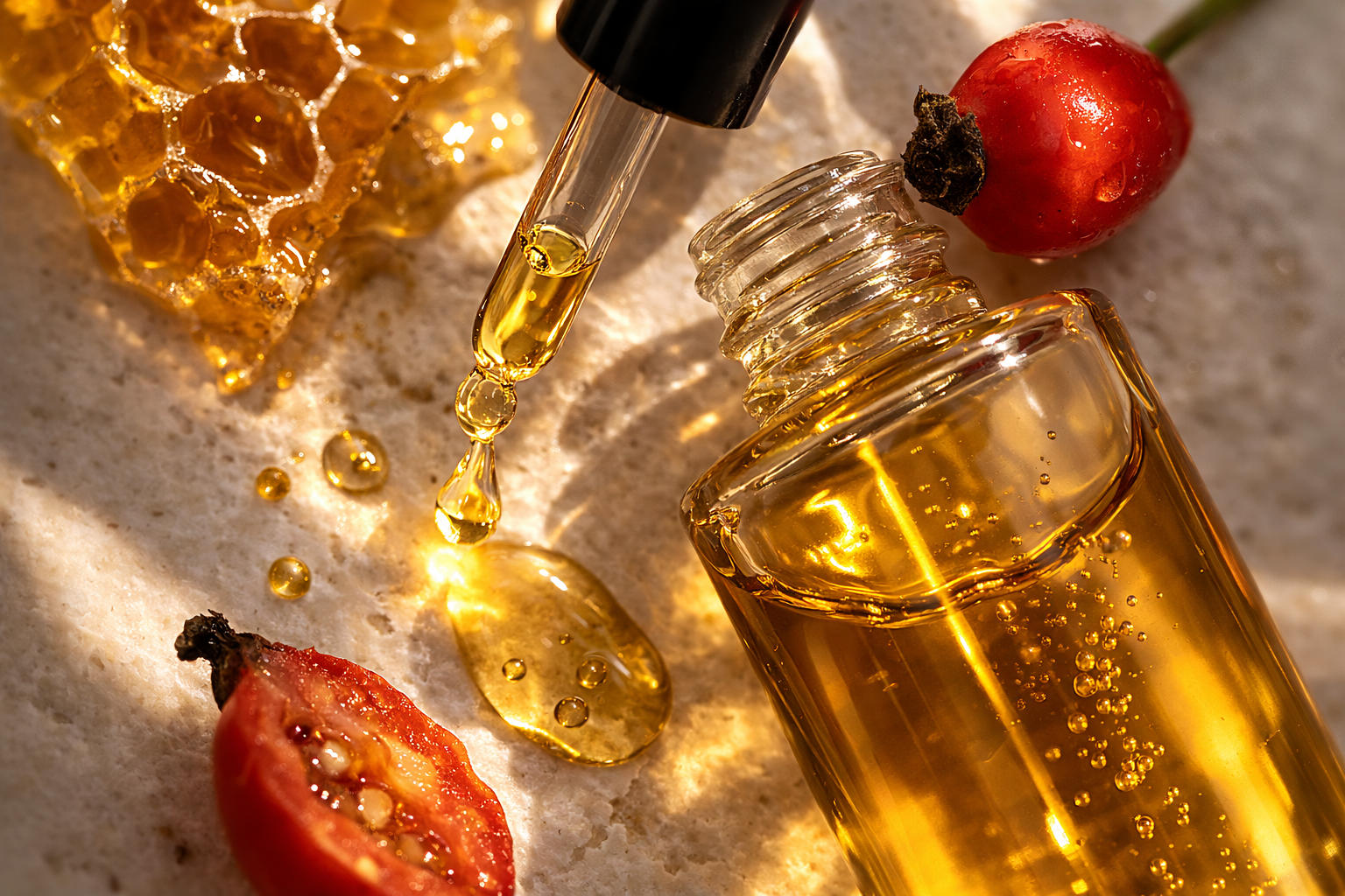 Macro botanical ingredient photography — rosehip and beeswax editorial still life