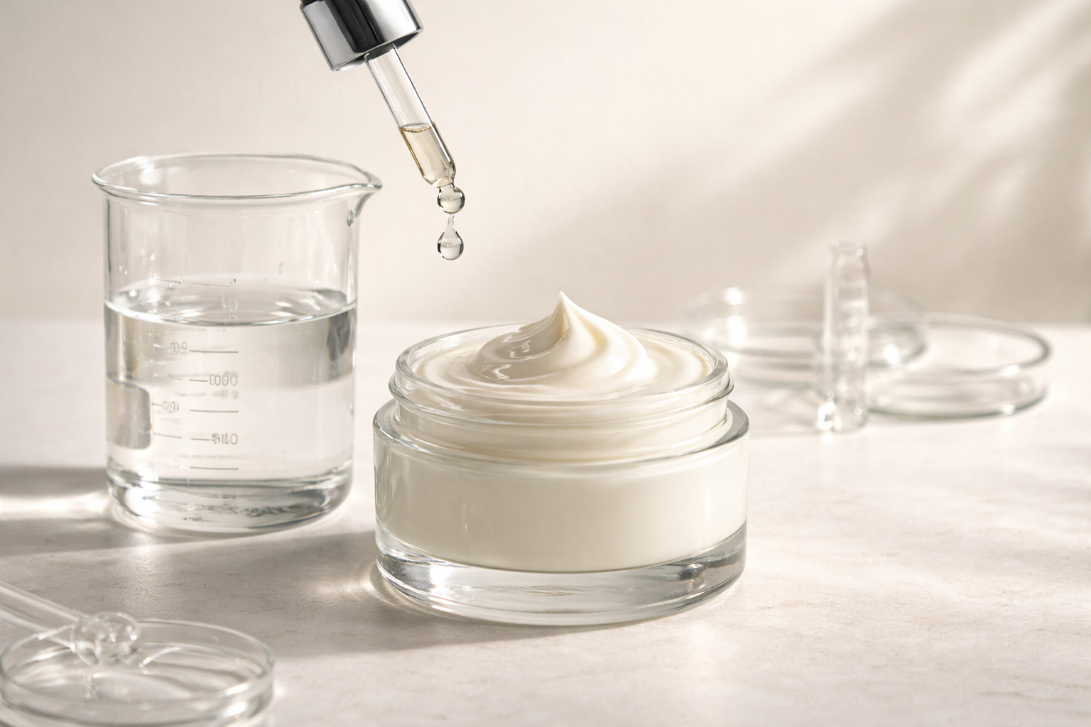 Clear glass vessels with concentrated skincare balm — scientific minimal editorial
